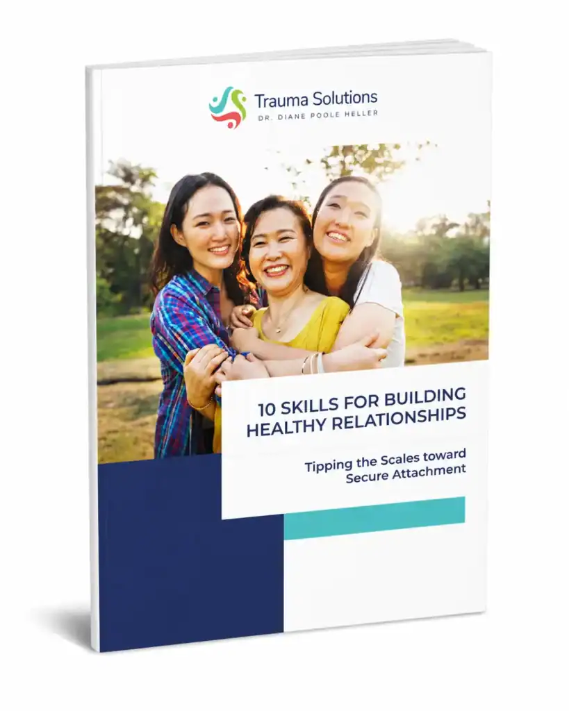 Trauma Solutions: 3D-rendered book cover titled "10 Skills for Building Healthy Relationships" by Trauma Solutions, featuring three smiling women hugging outdoors.