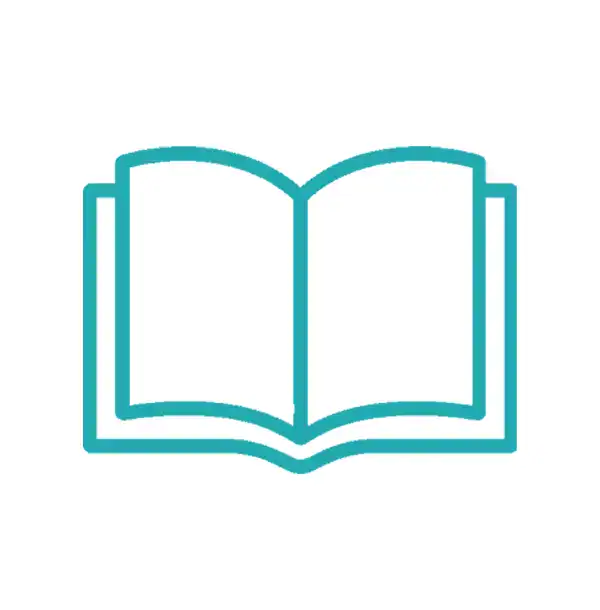 Soluciones para el trauma: Sencillo contorno azul de un libro abierto sobre un fondo circular blanco.