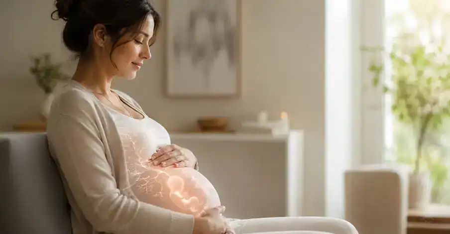 Trauma Solutions: A pregnant person sits indoors, holding their belly with a glowing illustration of a fetus visible on their abdomen.