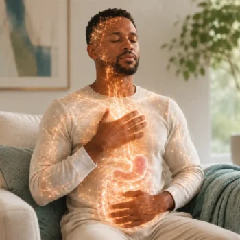 Trauma Solutions: Woman sits calmly with closed eyes, one hand on chest and one on stomach, with glowing digital overlay illustrating the nervous and digestive systems.
