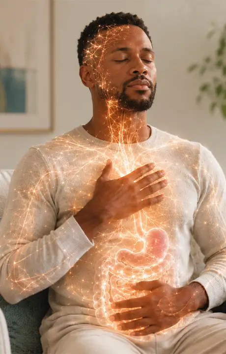 Trauma Solutions: A man sits with one hand on his chest and one on his abdomen, overlaid with glowing illustrations of internal organs and nerves.