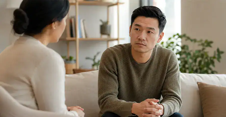 Trauma Solutions: Two people sit on a couch having a serious conversation in a living room with plants and shelves in the background.