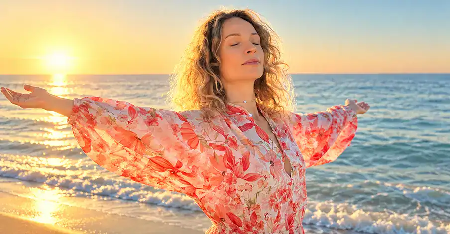 Trauma Solutions: Woman with curly hair in a floral dress stands on a beach at sunset with her arms outstretched and eyes closed, facing the sun.