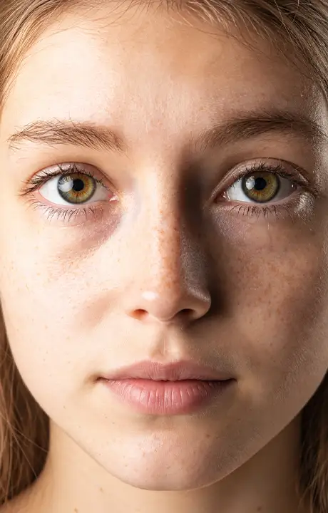 Trauma Solutions: Close-up of a young person with light skin, hazel eyes, and light brown hair, looking directly at the camera with a neutral expression.