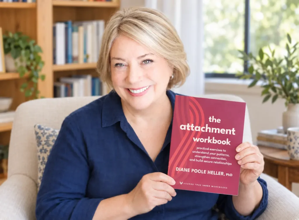 Trauma Solutions: A smiling woman sits on a chair holding a book titled “The Attachment Workbook” by Diane Poole Heller, PhD, in a cozy room with bookshelves in the background.