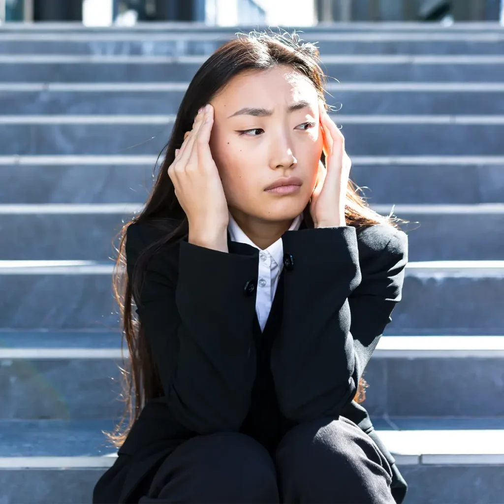 トラウマの解決策: ビジネス服を着た人物が屋外の階段に座り、両手で頭を抱え、心配そうな表情で目をそらしています。