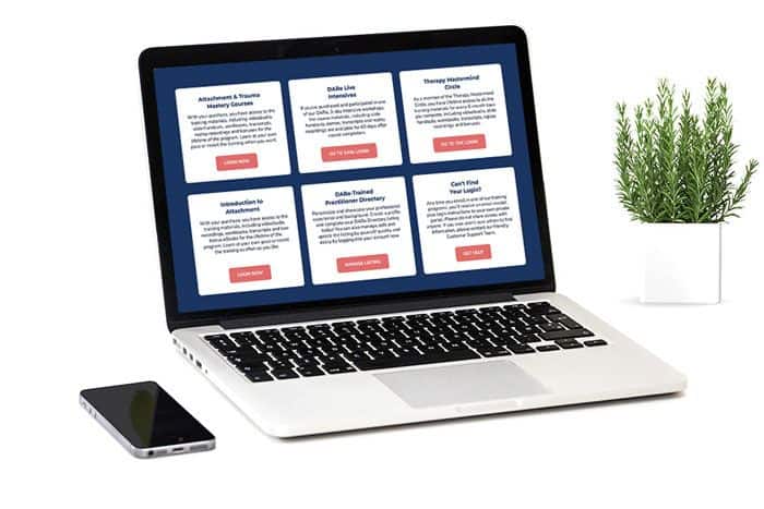 Trauma Solutions: A laptop displaying six informational boxes on its screen sits on a white surface next to a smartphone and a small potted plant.