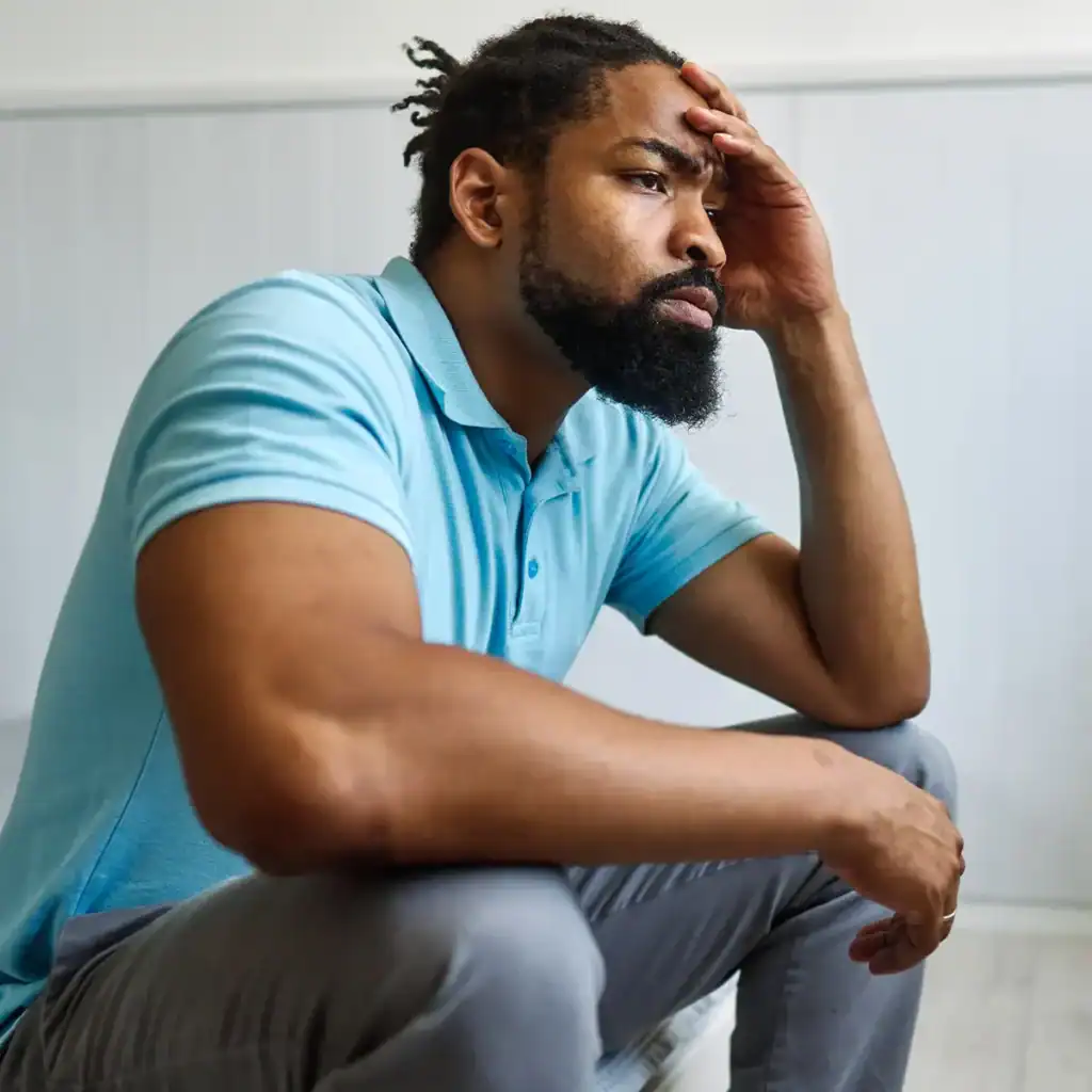 Trauma Solutions: A man with a beard and tied-back hair, wearing a light blue polo shirt and gray pants, sits with his hand on his forehead, appearing thoughtful or concerned.